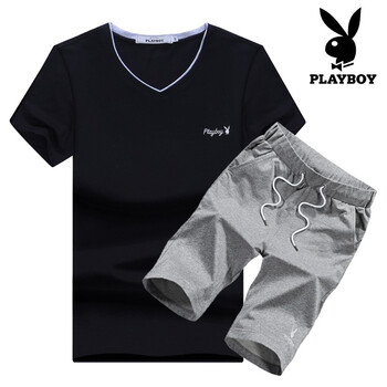 花花公子（PLAYBOY） 短袖 男士T恤 黑上衣＋灰褲子 