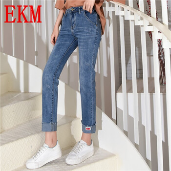 EKM 中腰 闊腳褲 女 九分褲 牛仔褲