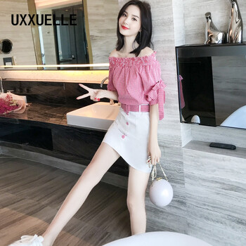 UXXUELLE 格子 拼接，紐扣，綁帶，蝴蝶結(jié) 連衣裙