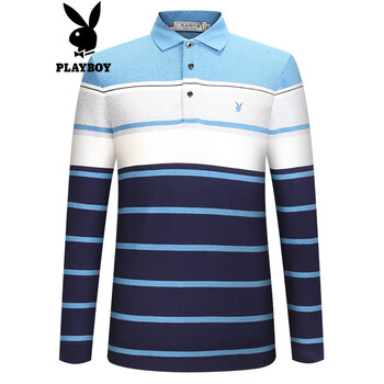 花花公子（PLAYBOY） 長袖 男士T恤 蘭底灰白條 S，XL，L，XXXL，M，XXL