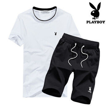 花花公子（PLAYBOY） 短袖 男士T恤 白色上衣+黑色五分褲(圓領(lǐng)) 