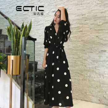 ECTIC 圓點 褶皺，綁帶 連衣裙