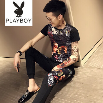 花花公子（PLAYBOY） 短袖 男士T恤 黑色TZ407 