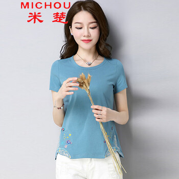 米楚（MICHOU） 刺繡 短袖 T恤 女 圓領(lǐng)