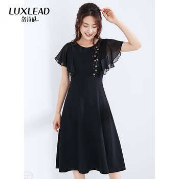 洛詩(shī)琳（LUXLEAD） 純色 荷葉邊，鉆飾，拉鏈 連衣裙