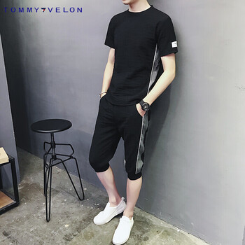 湯米威龍（TOMMY VELON） 短袖 男士T恤 短袖七分褲-黑色 