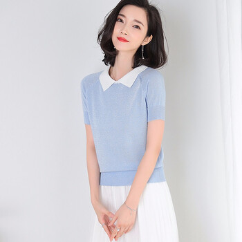 宜朵（yido） 拼接，亮絲 短袖 T恤 女 娃娃領