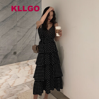 KLLGO 圓點(diǎn) 荷葉邊，露背，鏤空 連衣裙