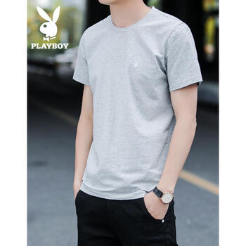 花花公子（PLAYBOY ESTABLISHED 1953） 短袖 男士T恤 淺灰圓領(lǐng) 