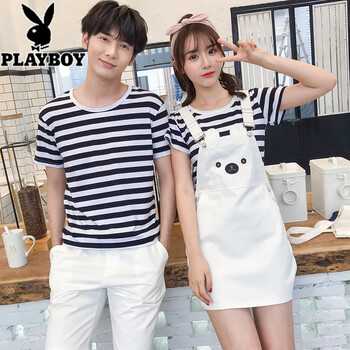 花花公子（PLAYBOY） 短袖 男士T恤 黑色一套女 