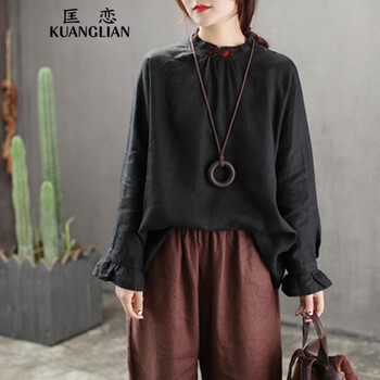 匡戀（KUANGLIAN） 刺繡，拼接，木耳邊，立體裁剪，明線(xiàn)裝飾，立體裝飾 短袖 T恤 女 立領(lǐng)