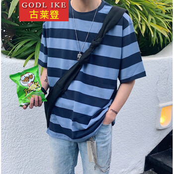 古萊登（GODLIKE） 短袖 男士T恤 藍色條紋 