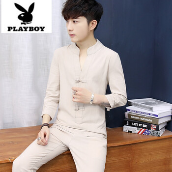 花花公子（PLAYBOY） 長(zhǎng)袖 男士T恤 卡其色長(zhǎng)袖+長(zhǎng)褲 