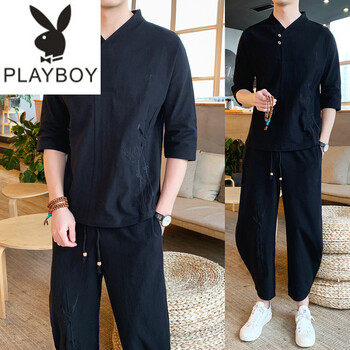 花花公子（PLAYBOY ESTABLISHED 1953） 七分袖 男士T恤 TZ117黑色 