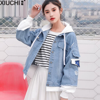 袖馳（XIUCHI） 連帽 長袖 女 短外套 破洞，拼色，貼布，水洗
