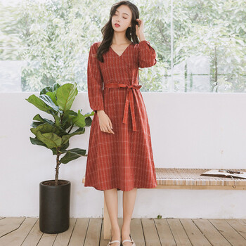 森女系格子連衣裙