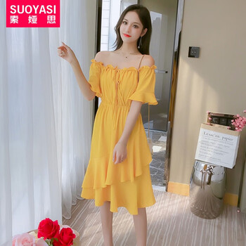 索婭思（SUOYASI） 純色 露肩，蝴蝶結(jié) 連衣裙