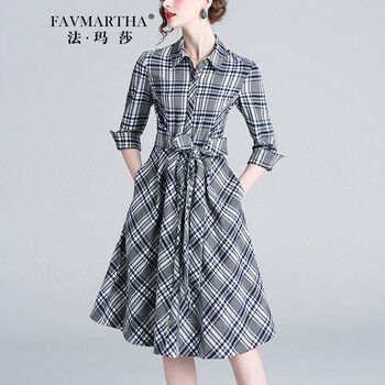 法瑪莎（FAVMARTHA） 格子 口袋，腰帶，紐扣 連衣裙