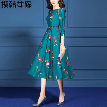 搜韓女廊 花色 拉鏈 連衣裙