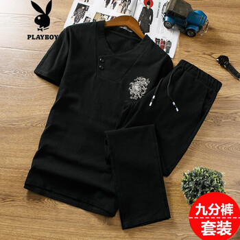 花花公子（PLAYBOY） 短袖 男士T恤 T11黑色(九分褲) 