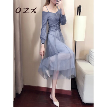 O.Z.X 純色 抽褶，露背，褶皺，綁帶，蝴蝶結，紗網(wǎng) 連衣裙