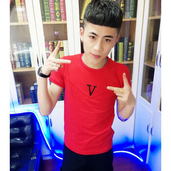 娜依淑 短袖 男士T恤 V字刺繡 紅色 