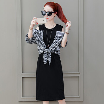 其他品牌 格子 拼接，露肩，格子 連衣裙