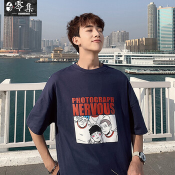 零集（LINGJI） 五分袖 男士T恤 藏青色 