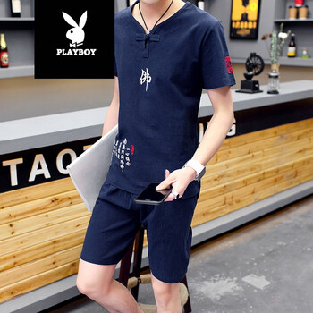 花花公子（PLAYBOY） 短袖 男士T恤 佛藍(lán)色 (短褲套裝) 