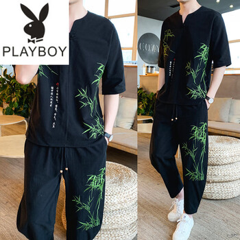花花公子（PLAYBOY ESTABLISHED 1953） 七分袖 男士T恤 TZ112黑色 