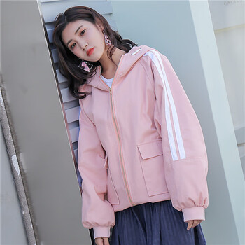 曼如芬 連帽 長(zhǎng)袖 女 短外套 口袋，條紋，拼接，撞色，拉鏈，立體裁剪，貼布