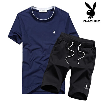 花花公子（PLAYBOY） 短袖 男士T恤 1826藍(lán)色上衣+黑色短褲 
