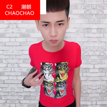 C2潮朝（C2CHAOCHAO） 短袖 男士T恤 四虎短T-紅色 