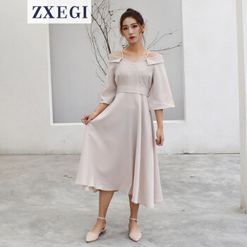 ZXEGI 風(fēng)景，純色 深V款，露肩，明線裝飾，立體裝飾 連衣裙