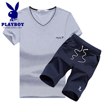 花花公子（PLAYBOY） 短袖 男士T恤 灰衣藍(lán)褲 