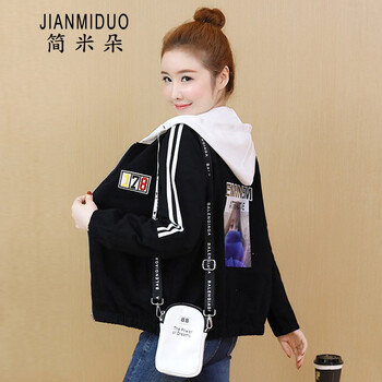 簡(jiǎn)米朵（JIANMIDUO） 連帽 長(zhǎng)袖 女 短外套 口袋，拼接，花邊，拉鏈，拼色，帶帽，貼布