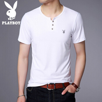 花花公子（PLAYBOY ESTABLISHED 1953） 長(zhǎng)袖 男士T恤 白色短袖 