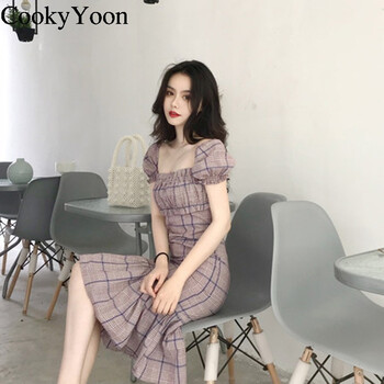 CookyYoon 純色 格子，褶皺 連衣裙