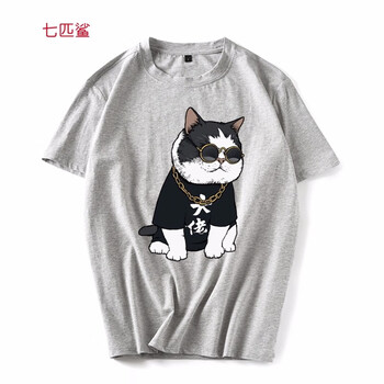 七匹鯊 短袖 男士T恤 灰色大佬貓 S，XL，4XL，5XL，L，XXL，M，XXXL，加大