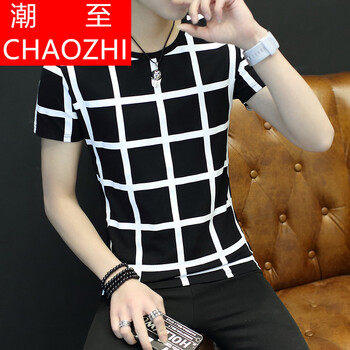 潮至（CHAOZHI） 短袖 男士T恤 新款格子短袖黑 