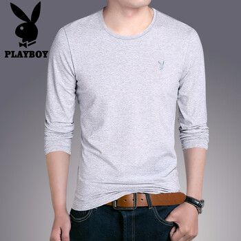 花花公子（PLAYBOY ESTABLISHED 1953） 長(zhǎng)袖 男士T恤 灰色（圓領(lǐng)） 
