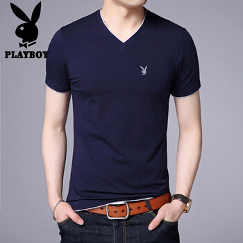 花花公子（PLAYBOY） 長袖 男士T恤 藏青V領(lǐng)   