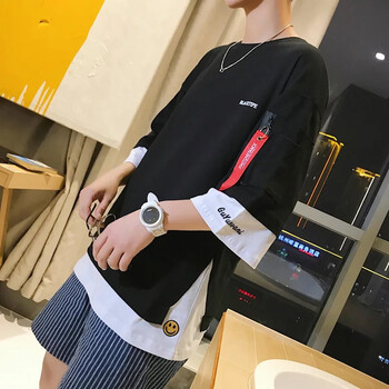 普戈斯（PUGESI） 七分袖 男士T恤 飄帶黑色(單件裝) 