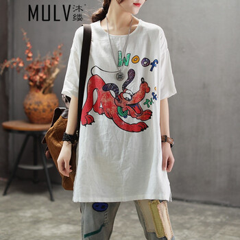 沐縷（MULV） 開衩，立體剪裁，印花 短袖 T恤 女 圓領(lǐng)
