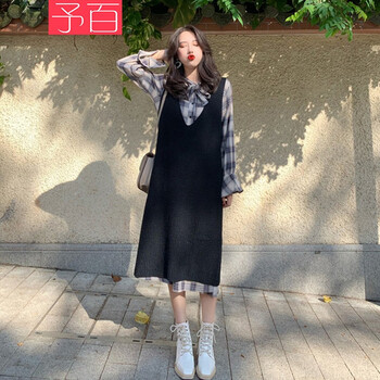 予百 純色 拼接 連衣裙