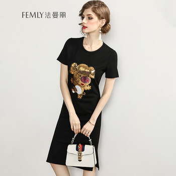 法曼麗（FEMLY） 亮片，口袋，刺繡，開衩 短袖 T恤 女 圓領(lǐng)