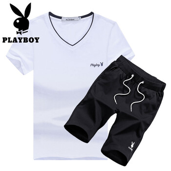 花花公子（PLAYBOY ESTABLISHED 1953） 短袖 男士T恤 白衣黑褲 