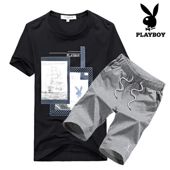 花花公子（PLAYBOY） 短袖 男士T恤 黑色+灰色 