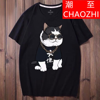 潮至（CHAOZHI） 短袖 男士T恤 黑色 (大貓T恤) 