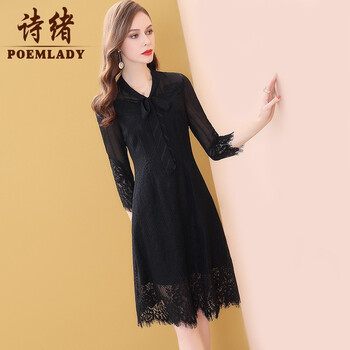 詩緒（POEMLADY） 純色 繡花，流蘇，抽褶，拼接，拉鏈，褶皺，鏤空，蝴蝶結(jié)，蕾絲，紗網(wǎng) 連衣裙